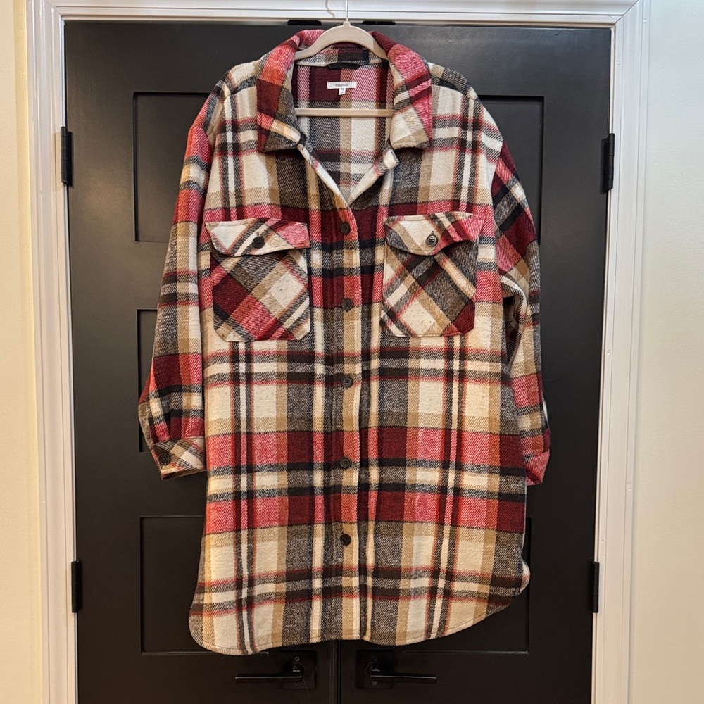 Maurices Red, Cream & Brown Plaid Utility Shacket